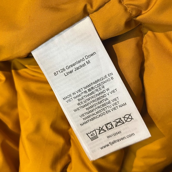 Fjallraven Greenland Down Liner Puffer Jacket - Men's Size S - Yellow Orange - Picture 9 of 16